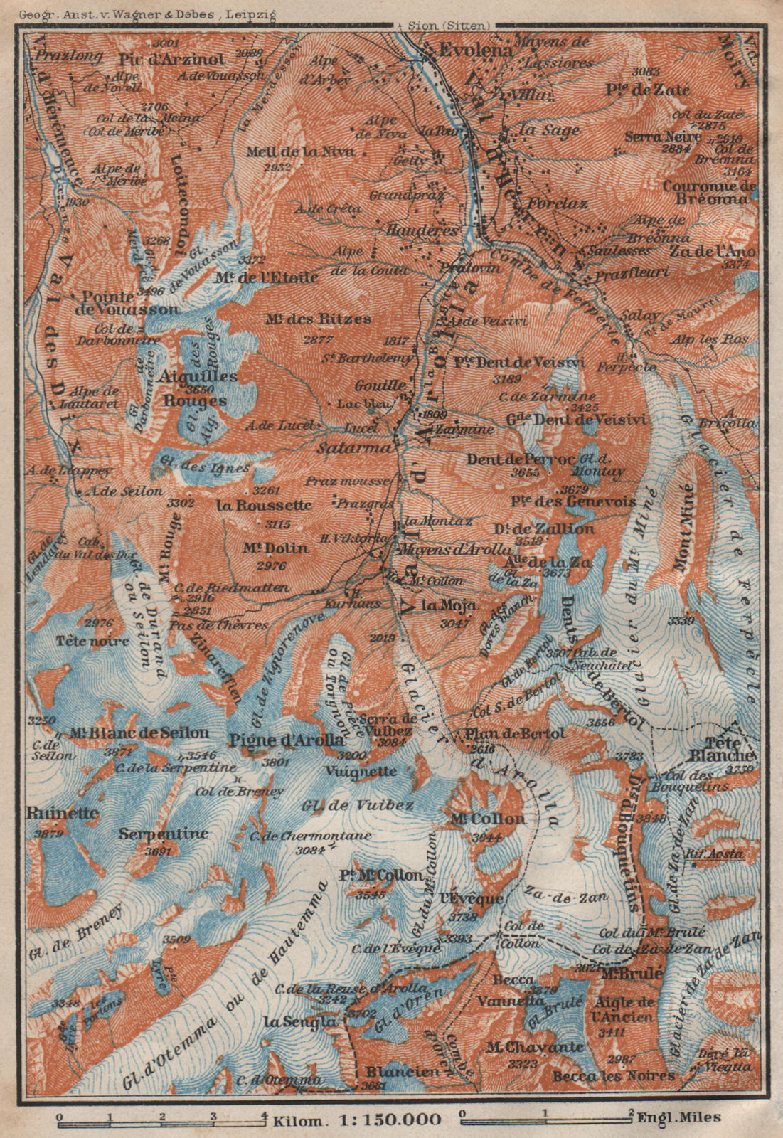 VAL D'AROLLA. Evolène Hérens Mont Collon Tête Blanche Aiguilles Rouges 1922 map